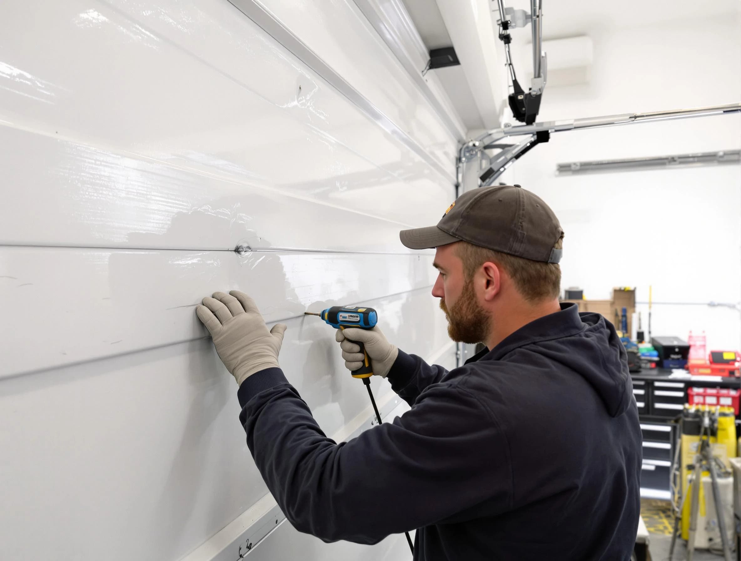 Hanceville Garage Door Repair technician demonstrating precision dent removal techniques on a Hanceville garage door